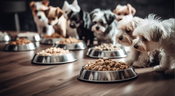 : Eine Gruppe niedlicher Hundewelpen versammelt sich um eine Schüssel mit Hundefutter. Sie genießen ihr Essen sichtlich und sind voller Freude. Ein Bild, das ihre lebhafte Energie und Begeisterung zeigt.